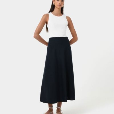 Forcast Kade Linen Blend Midi Skirt